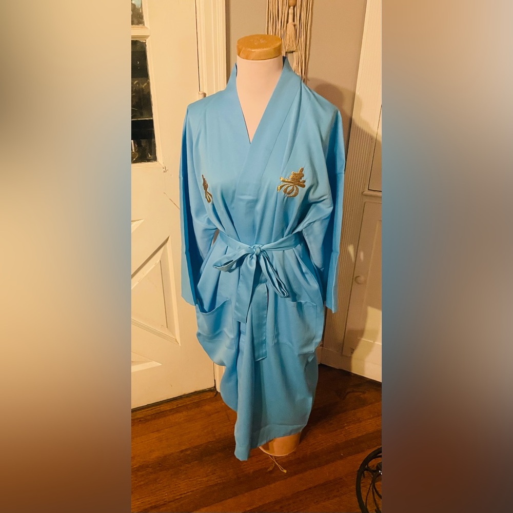 Luxurious Light Blue Japanese Kimono with Gold Accents